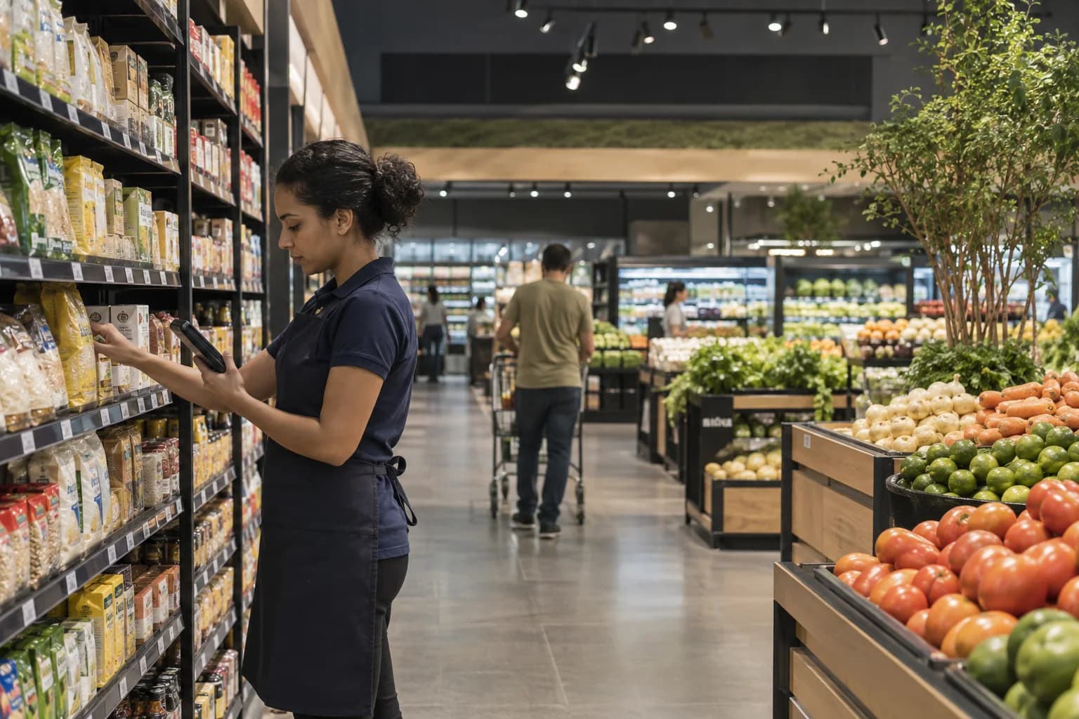 Funcionário confere produtos em supermercado